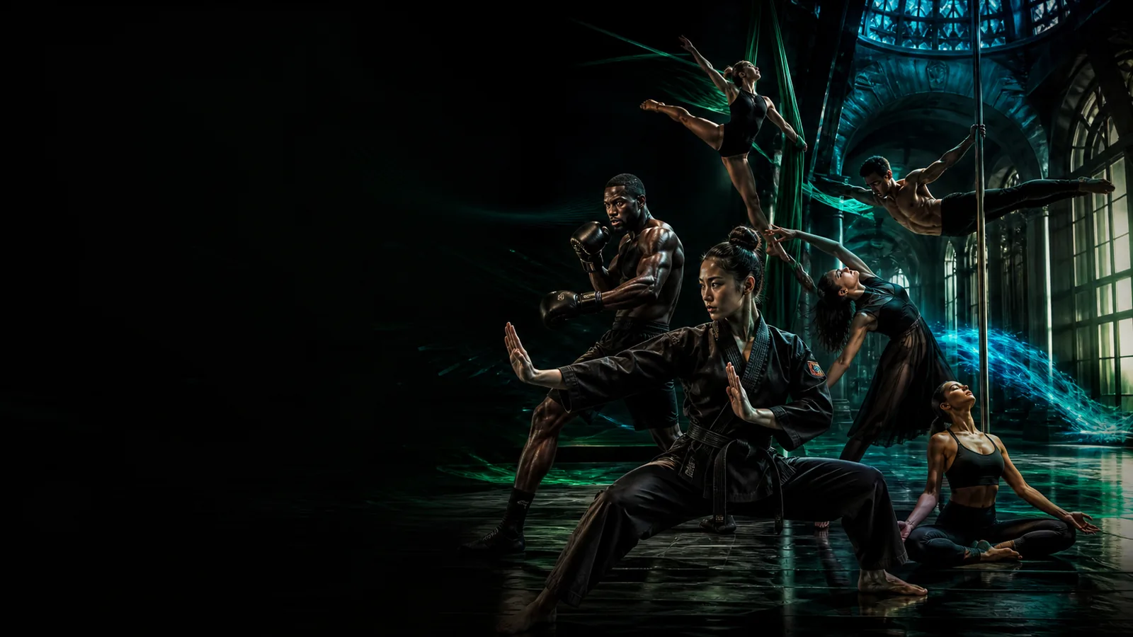 Ensemble de pratiquants de disciplines martiales, aériennes, dansées et de bien-être dans l’académie Kajyn.