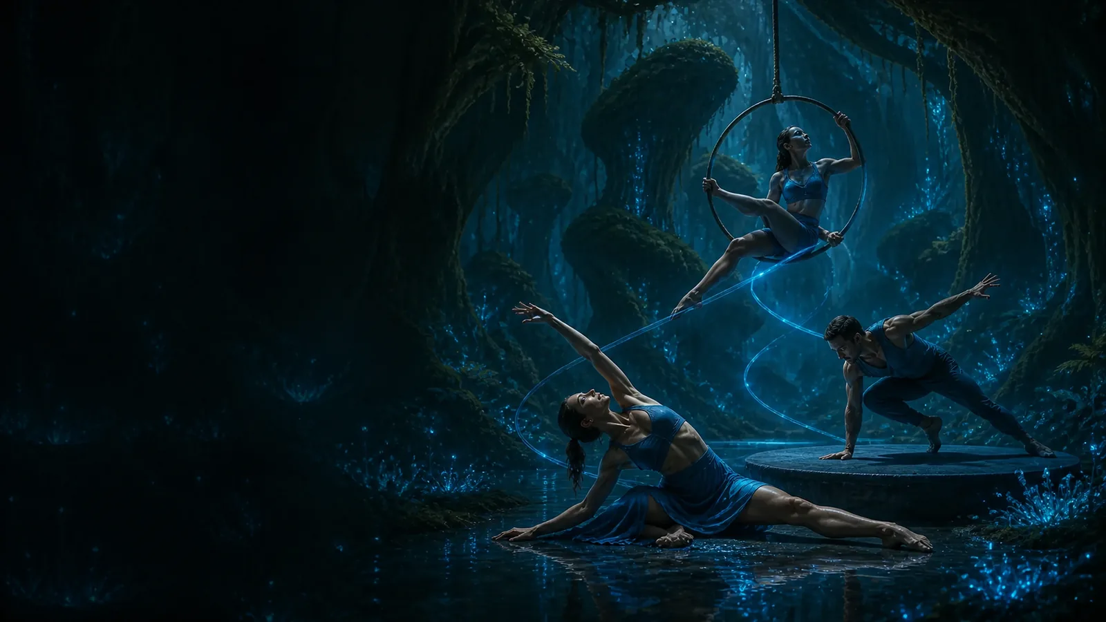 Trois artistes explorent danse, cerceau aérien et mouvement scénique dans un monde bioluminescent.