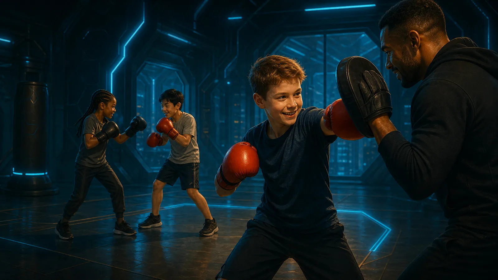 Jeunes boxeurs s’entraînant avec confiance dans l’institut futuriste du Kajyn Club.