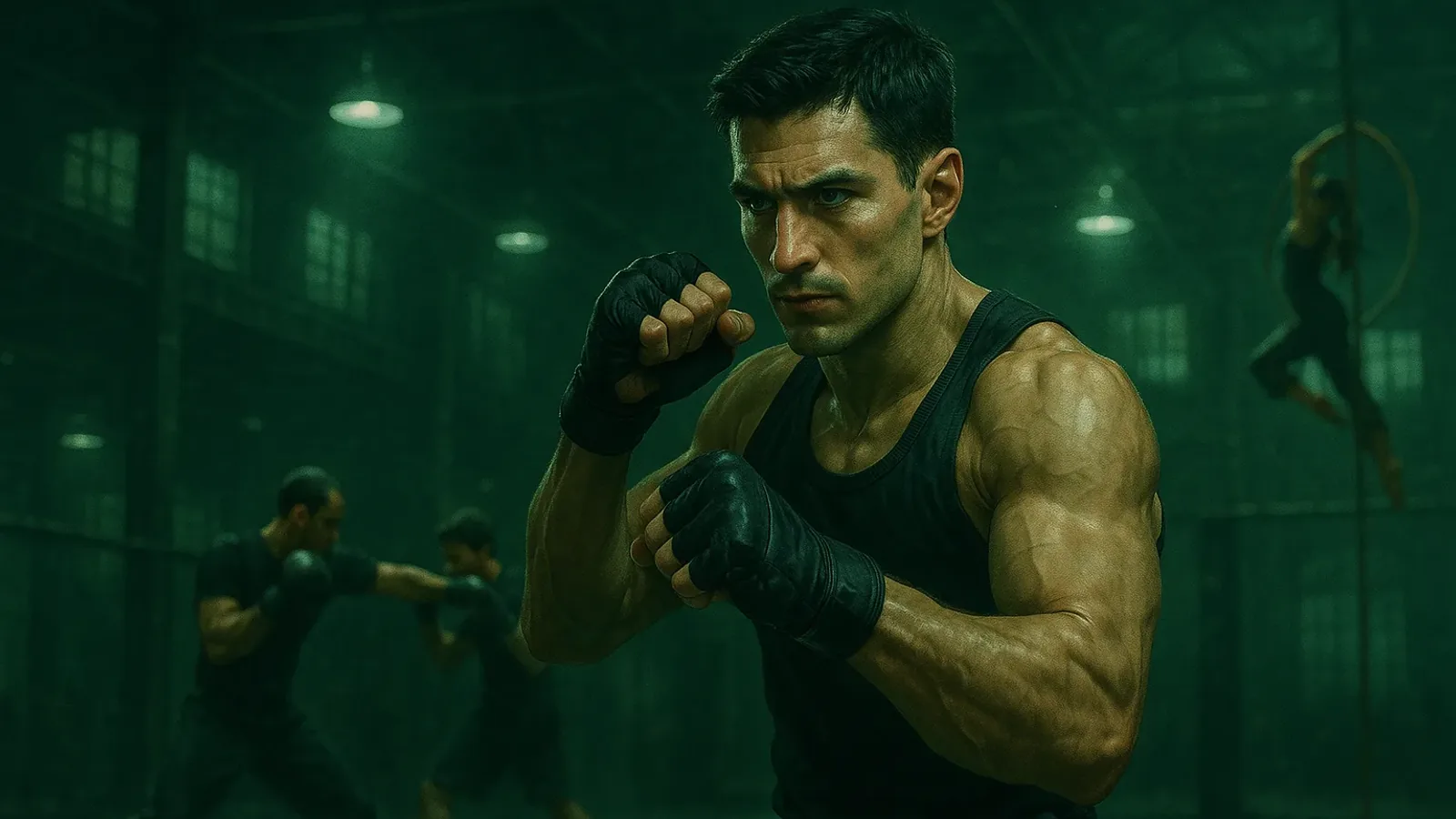Boxeur concentré en garde dans une salle d’entraînement aux lumières vertes.