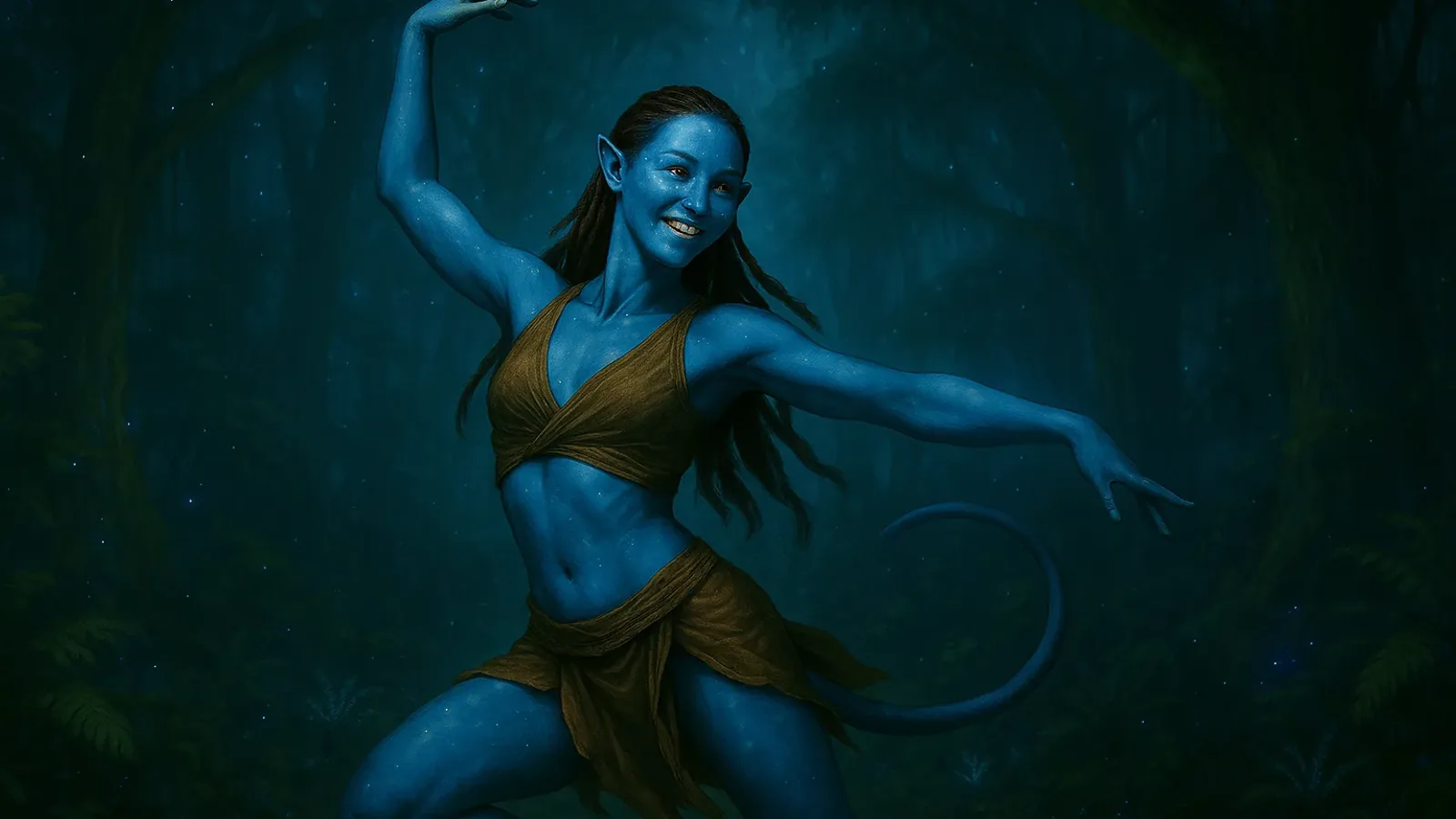 Danseuse en mouvement dans une forêt nocturne bioluminescente.