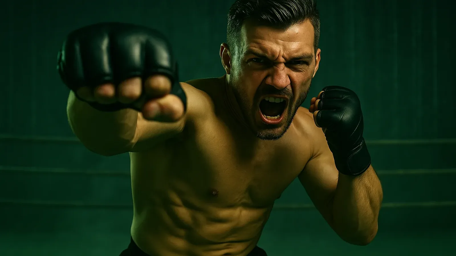Combattant de MMA lançant un coup de poing avec intensité et précision.