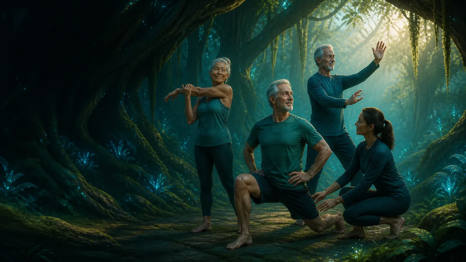 Trois seniors cultivent mobilité, équilibre et autonomie avec une coach dans un sanctuaire naturel.