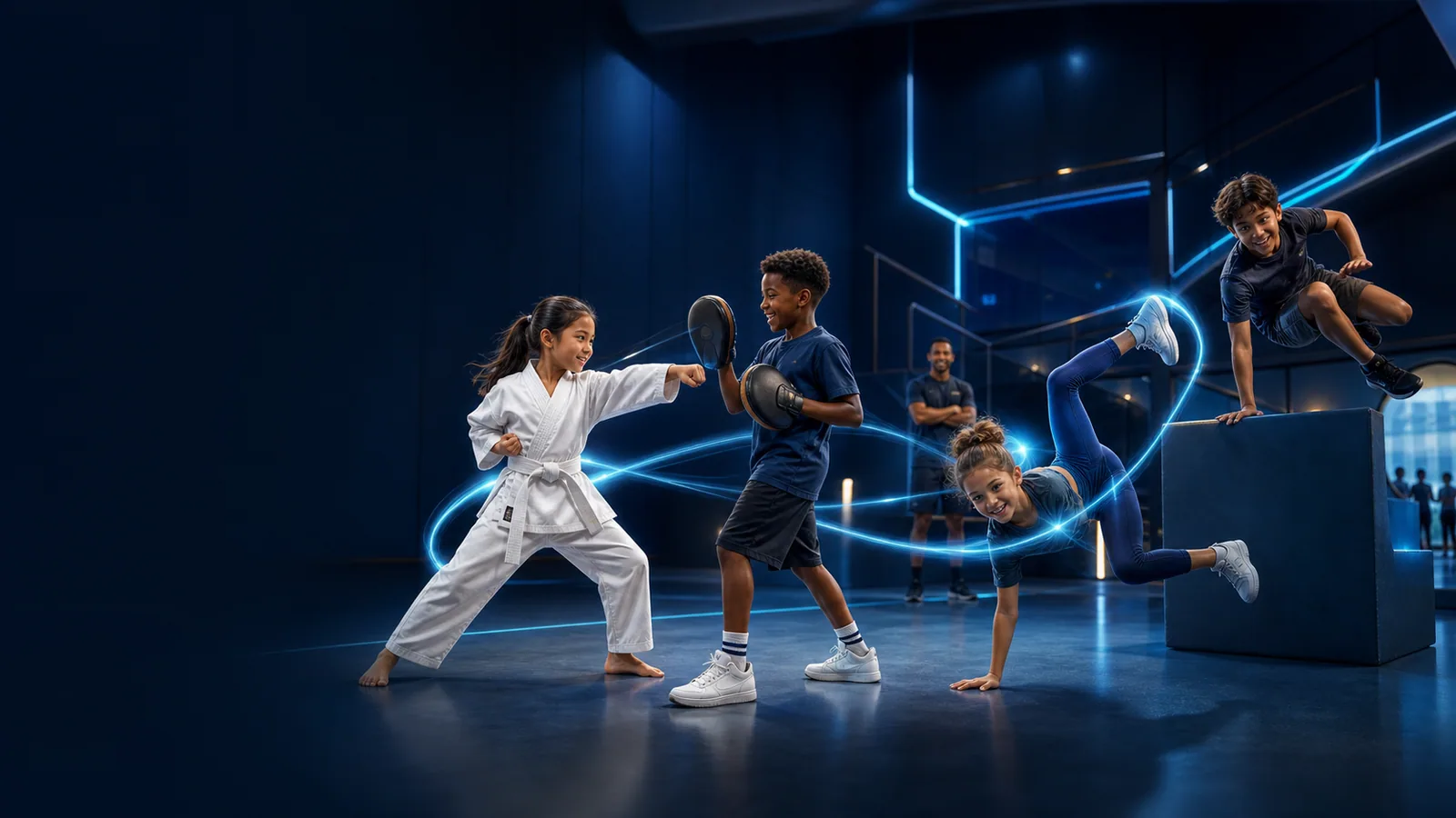 Enfants découvrant arts martiaux, acrobaties et parkour pendant un stage de vacances au Kajyn Club.