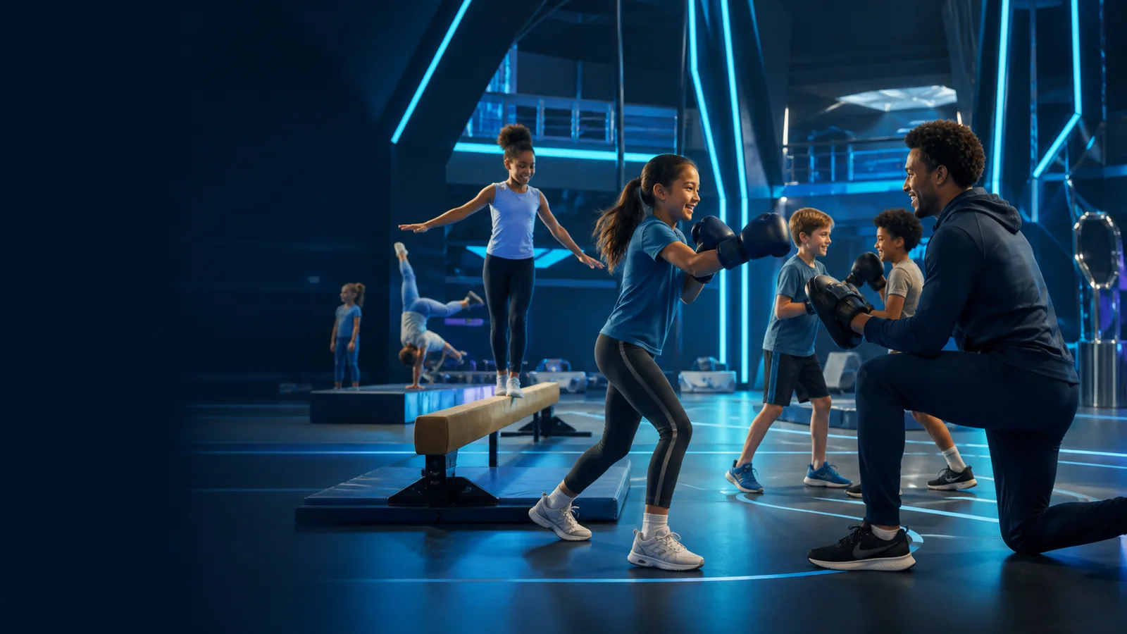 Enfants travaillant boxes et gymnastique avec leur coach pendant la première semaine des vacances d’hiver.