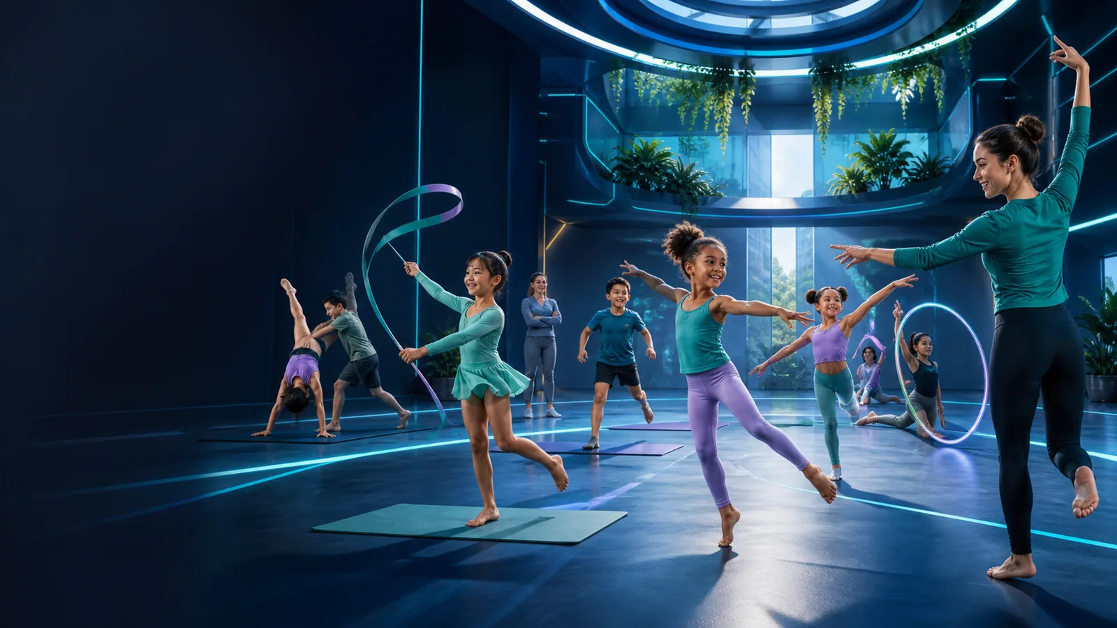Enfants dansant et pratiquant l’acrogym avec leur professeure pendant la première semaine de printemps.