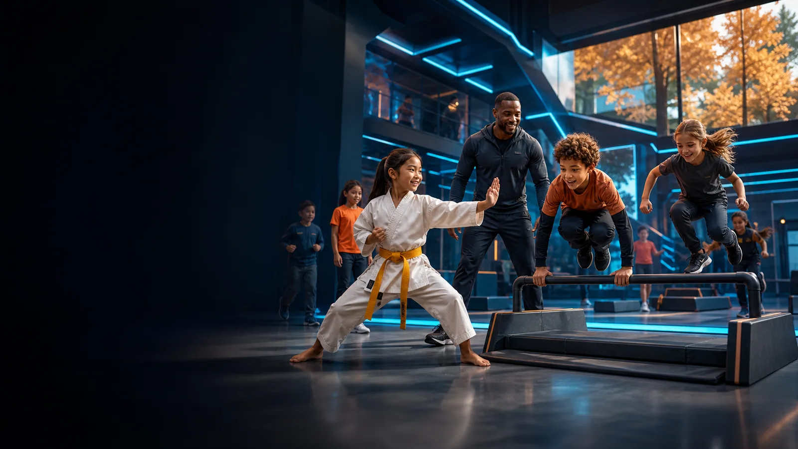 Enfants pratiquant arts martiaux et parkour avec leur coach pendant la première semaine de Toussaint.