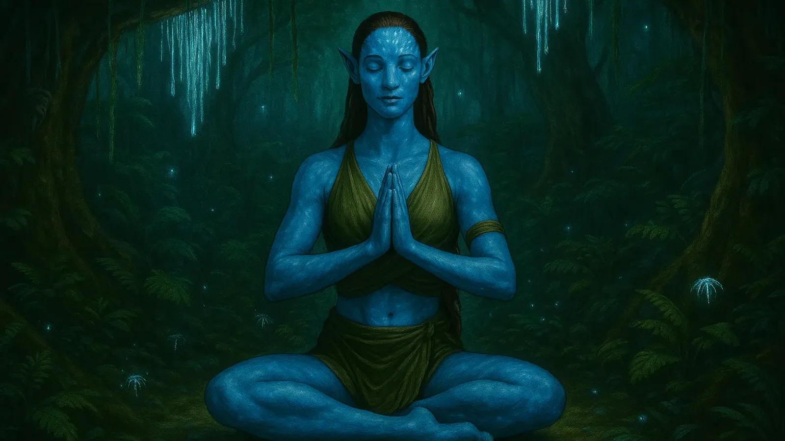 Pratiquante de yoga méditant en lotus dans une forêt bioluminescente.